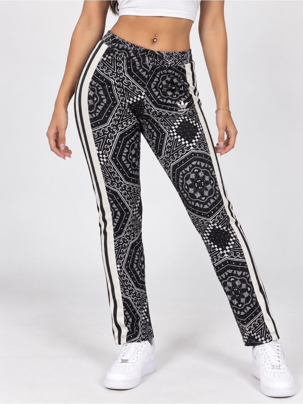 adidas Black & White Bandana Print Track Pants with Side Stripes